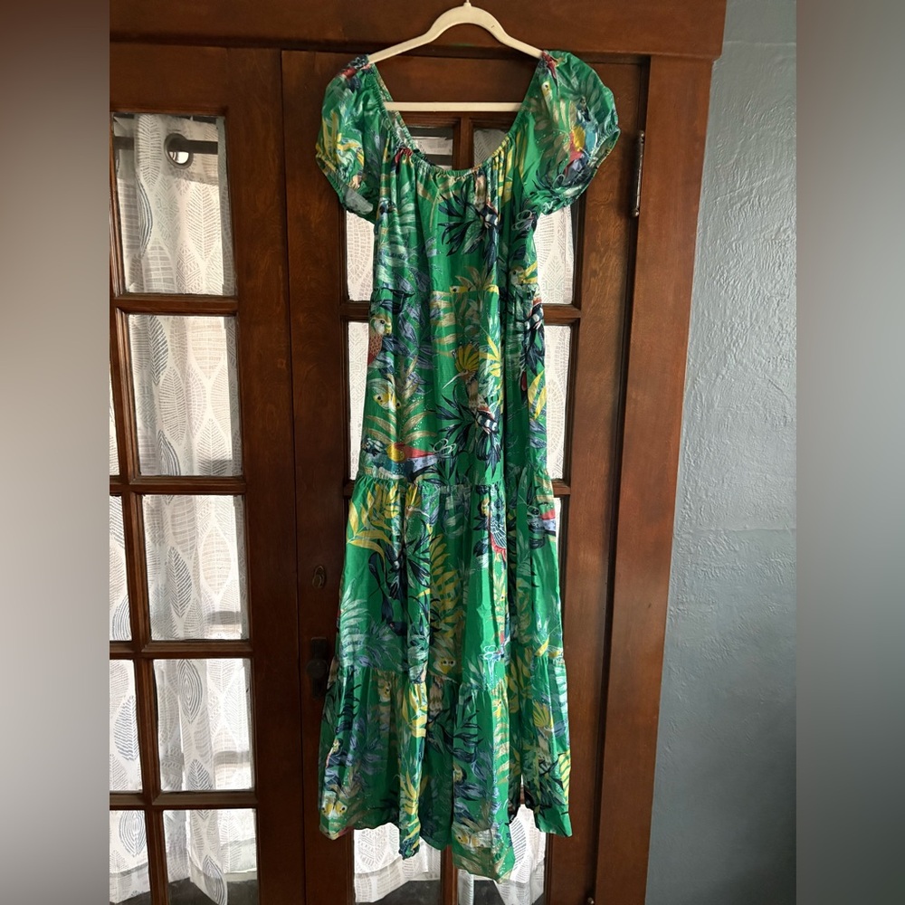 Anthropologie Maeve Tropical Green Tiered Maxi Dress Cotton Birds Butterflies - Picture 5 of 11